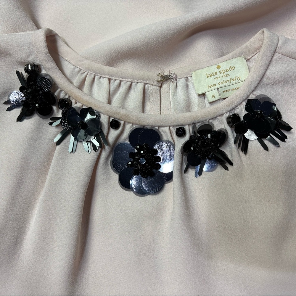 Kate Spade Women’s Embellished Crepe Top Pink Ruffled Sleeve size S - Picture 7 of 8